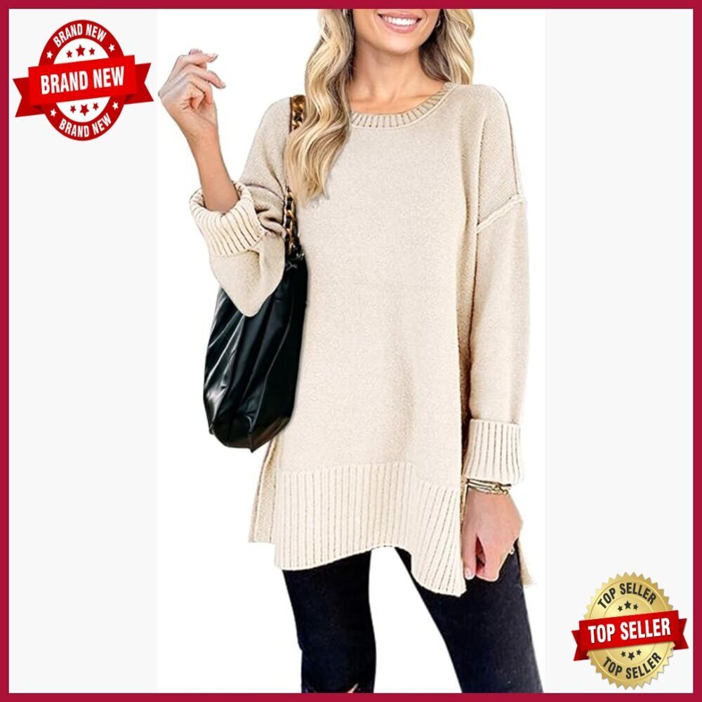 Oversized Pullover Sweater Long Sleeve Crew Neck Side Split Tunic